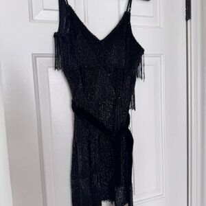 Retrofete Beaded Black Belted V-Neck Shift Cami Dress